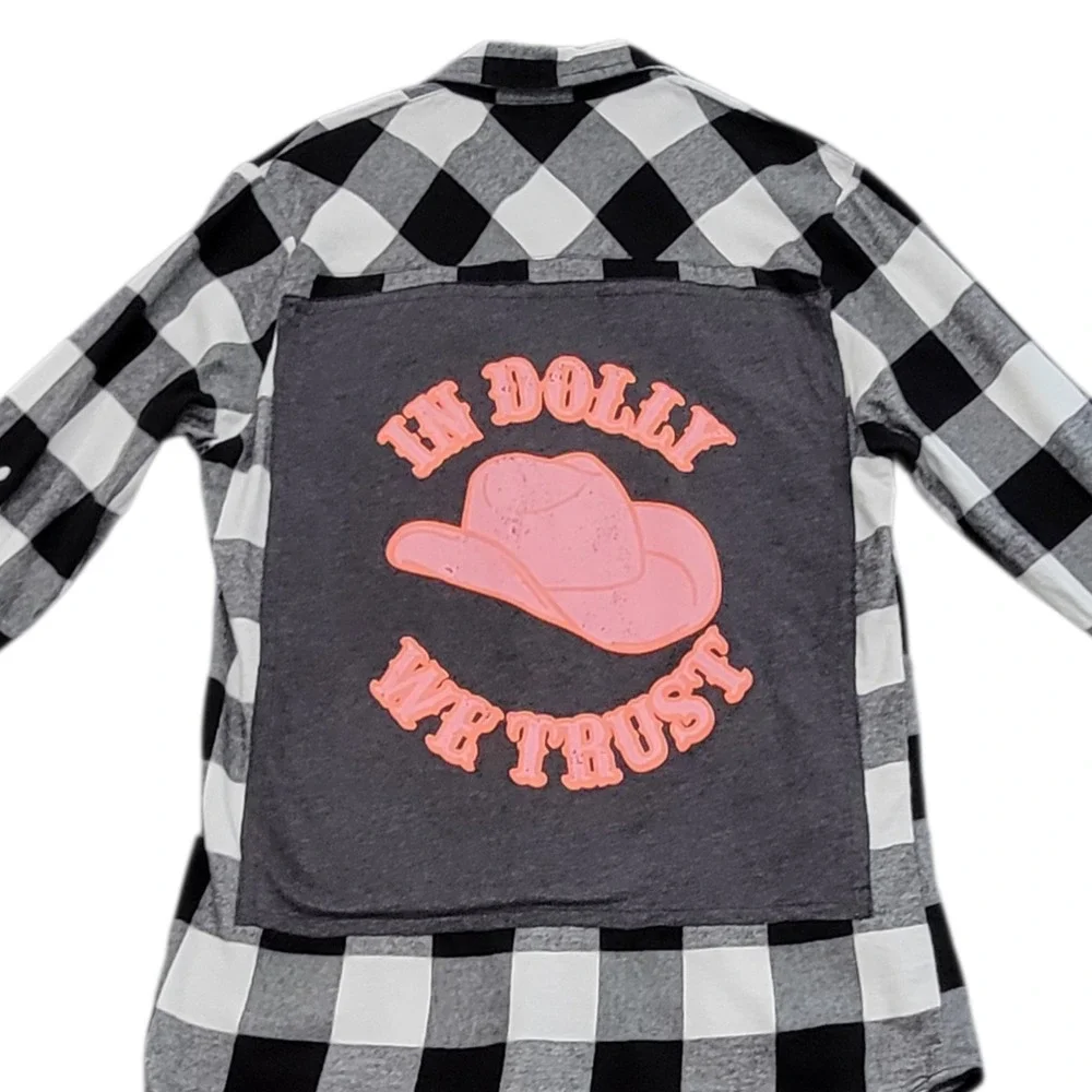 Dolly Parton Upcycled Flannel Shirt In Dolly We Trust Fits Womens Large Plaid - Picture 2 of 7